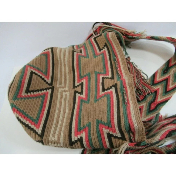 Wayúu Mochila Bag Woven Handbag Bucket with Shoulder Straps Colombian Pink Beige - Picture 7 of 9